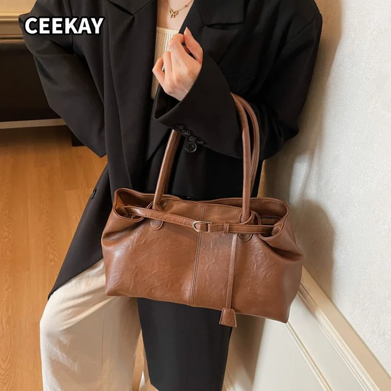 CEEKAY Women's Tote Bag Brown Soft PU Leather Large Shoulder Handbag Belt Buckle Drawstring Detail Daily Commute Casual