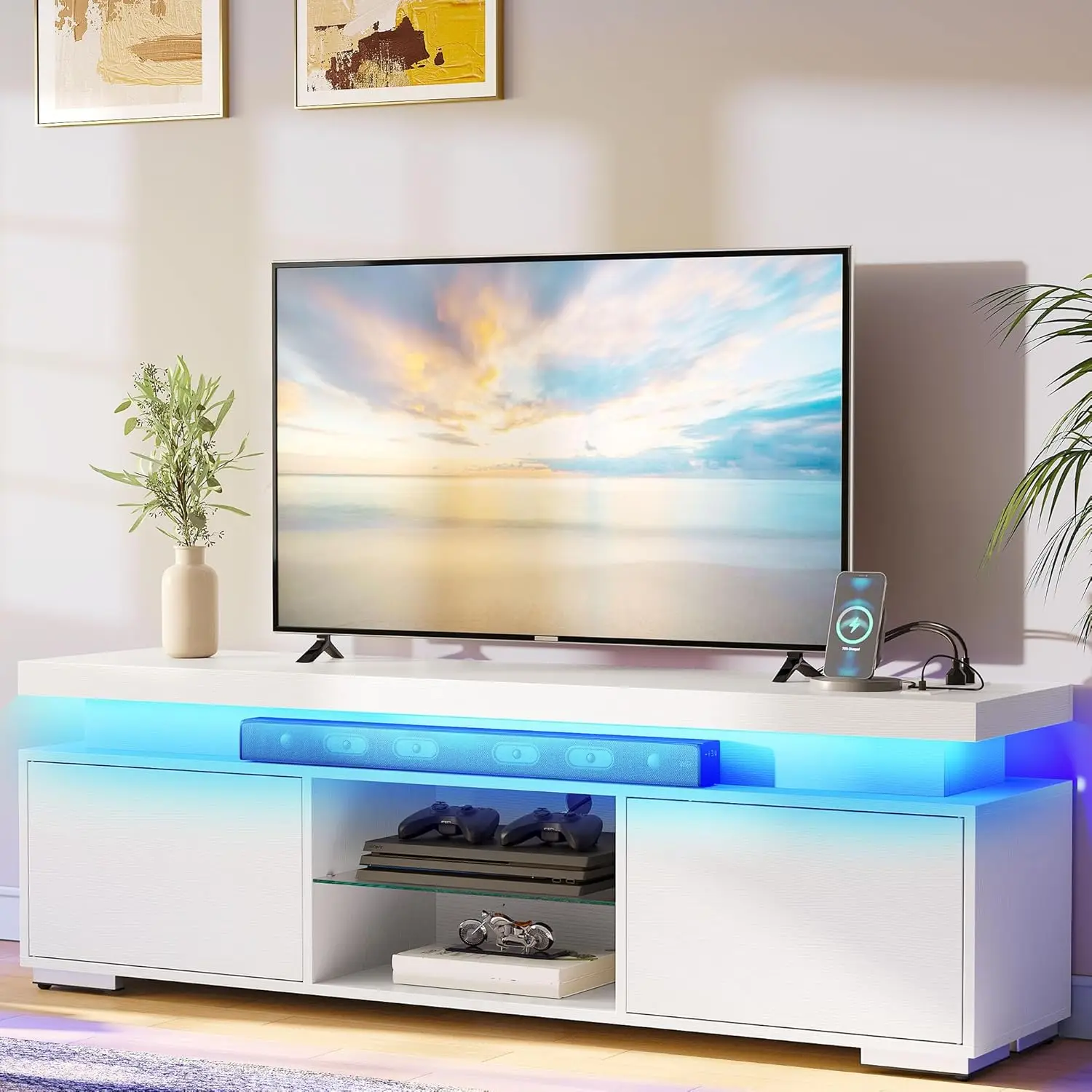 

White TV Stands for Living Room, TV Stand for 65 inch TV, Entertainment Center with Storage,Modern TV Stand with Power Outlets