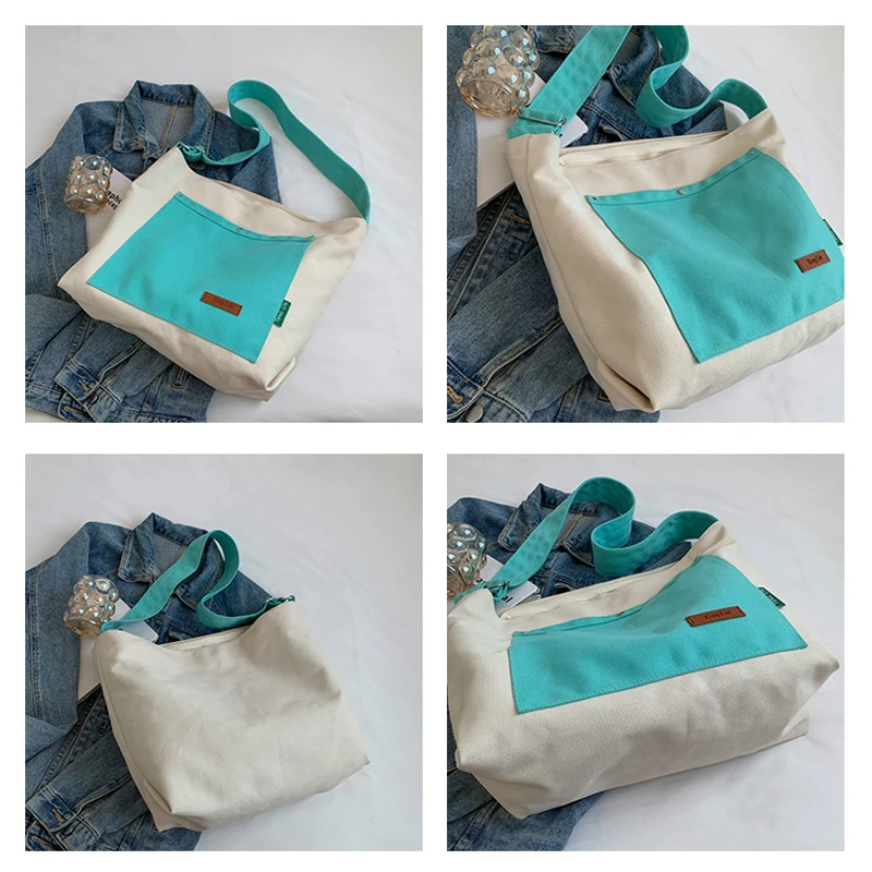 Contrast Color Canvas Bags For Women INS Shoulder Crossbody Bag Zipper Shopping Eco Bag Korean Messenger Bag Y2K Large Handbags
