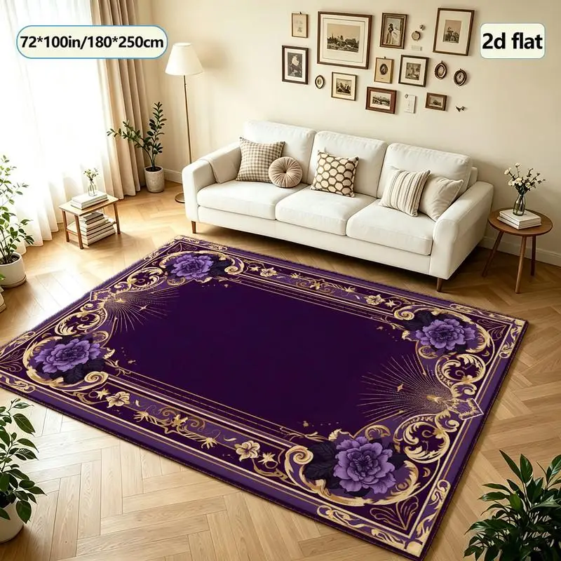 Purple and Gold Baroque Floral Pattern Carpet, Luxurious Square Carpet Suitable for Villa Entrance and Home Floor Decoration
