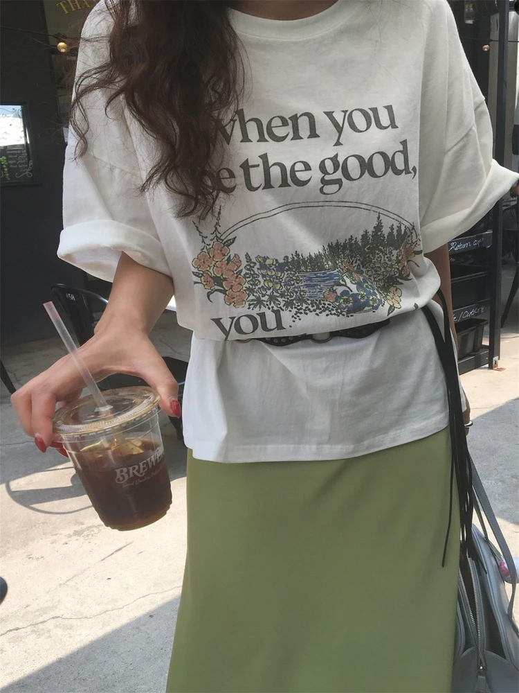 

Женская футболка ort Sve ранней осени, повседневный топ с живописным принтом f Sve, корейская хлопковая дышащая уличная одежда