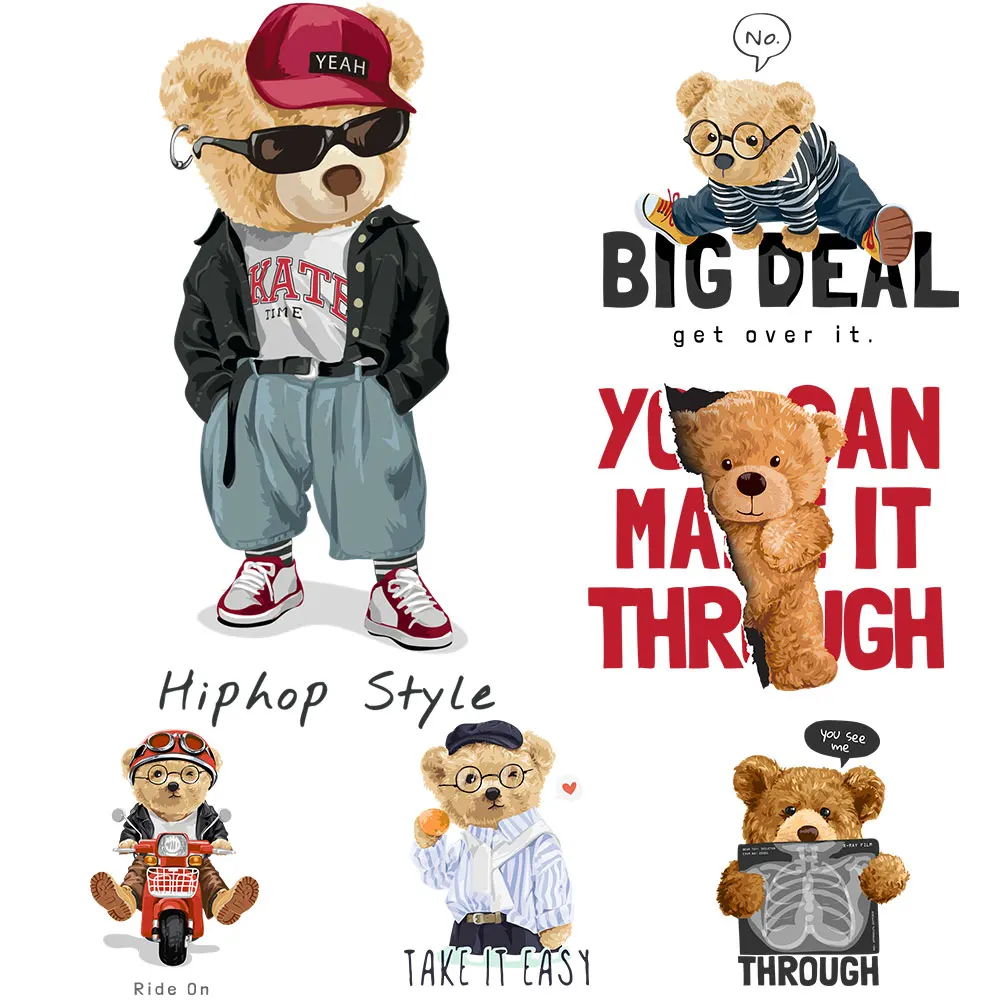 CooL Teddy Bear Iron-On Transfer For Clothing Patches Brand Logo Iron-On Transfer DIY Washable T-Shirts Thermo Sticker Appliques