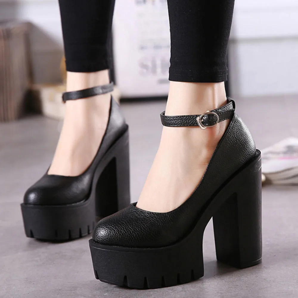 Sorphio Platform High Heeled Mary Janes Shoes Buckle Strap Round Toe Chunky High Heel Ankle Strap Pumps Fashion Shoes For Woman