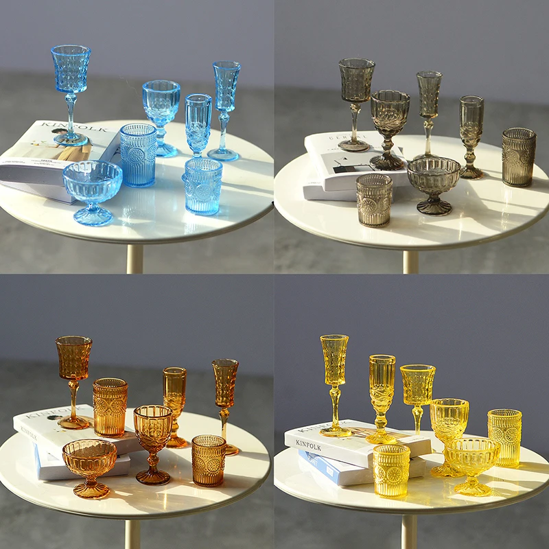 7 Teile/satz 1:6 Miniatur Wasser Tasse Geschnitzt Wein Glas Champagner Glas Modell Küche Möbel Puppenhaus Zubehör Pretend Spielzeug