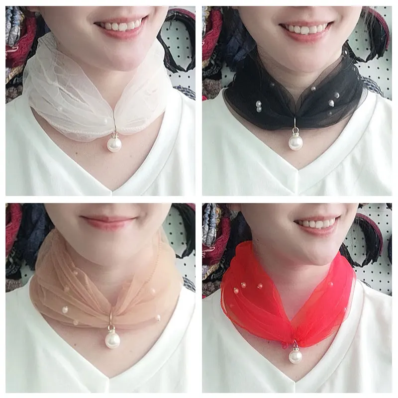 Fashion Solid Color Thin Neck Collar For Women Fake Pearl Pendant Organza Lace Scarf Elegant Female Sunscreen Silk Mesh Scarves