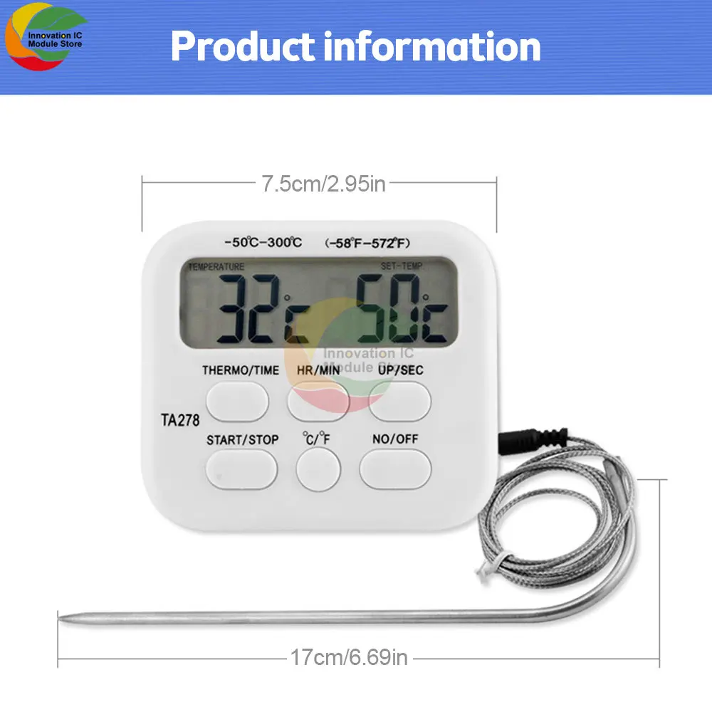 Programmable with Timer Instant Read Wired Probe Digital Meat Food Grill BBQ Cooking Kitchen Thermometer Timer
