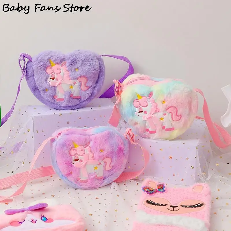 Children Unicorn Handbags Winter Crossbody Bags Princess Plush Shoulder Purse Mini Cute Heart Shape Bag Fashion Party Totes Kids