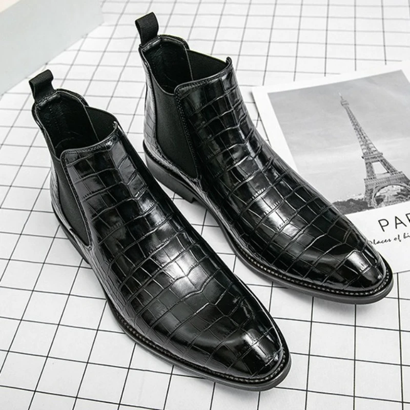 Vintage Crocodile Pattern Patent Leather Boots Men's Chelsea Boots Men's Ankle Boots Fashion Designer Men Leisure Business Shoes