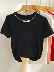 2024 Korea Knitted T-shirt Women Top Solid Tank Y2K Summer New Fashion Female Sleeveless Beading Casual Thin Tops