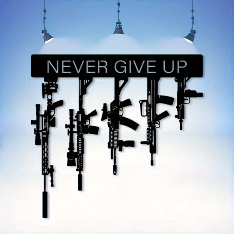 A Military-Style Metal Wall Decoration Featuring a Tactical Shotgun Iron Statue with The Motivational Phrase 'Never Give Up'