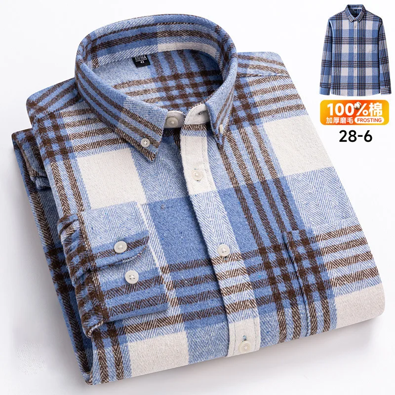 6XL 7XL Men\'s shirt Long sleeve Spring summer 100% cotton wool fashion wrinkle-resistant non-ironing plaid Business casual