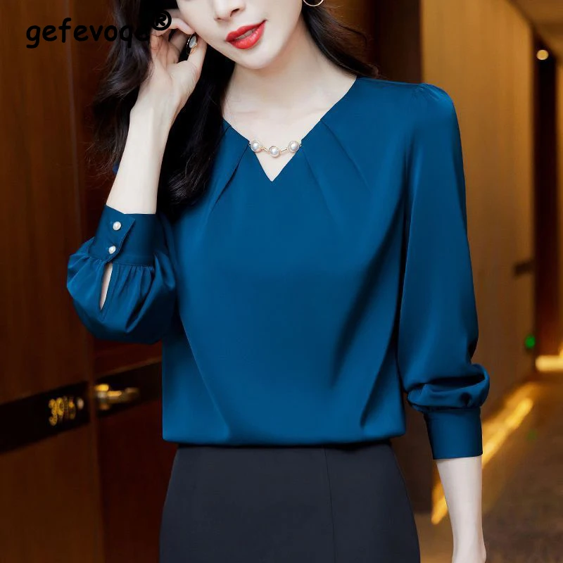 High Quality Elegant Fashion Beads Chic Office Lady Shirt Business Casual V Neck Long Sleeve Solid Loose Blouse Top Women Blusas