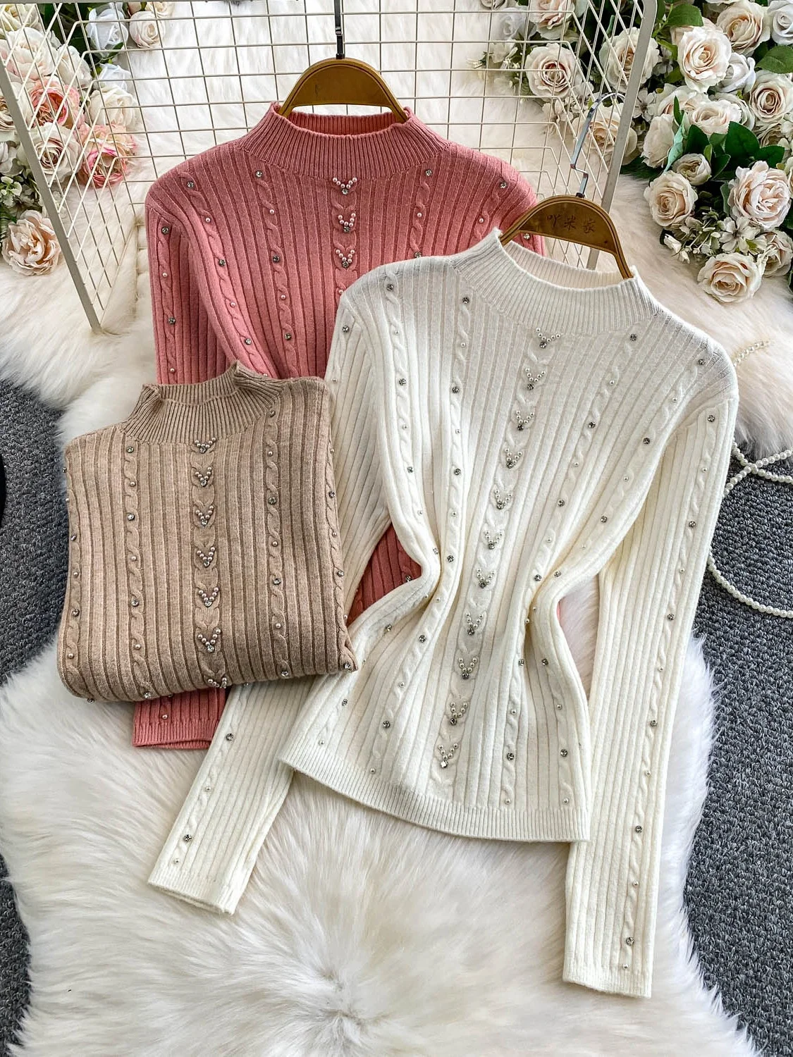 

Sle Women's Knitted Sweater Heavy Embellied f High Collar Slim Fit Faionable Casual Long Sve Winter Top