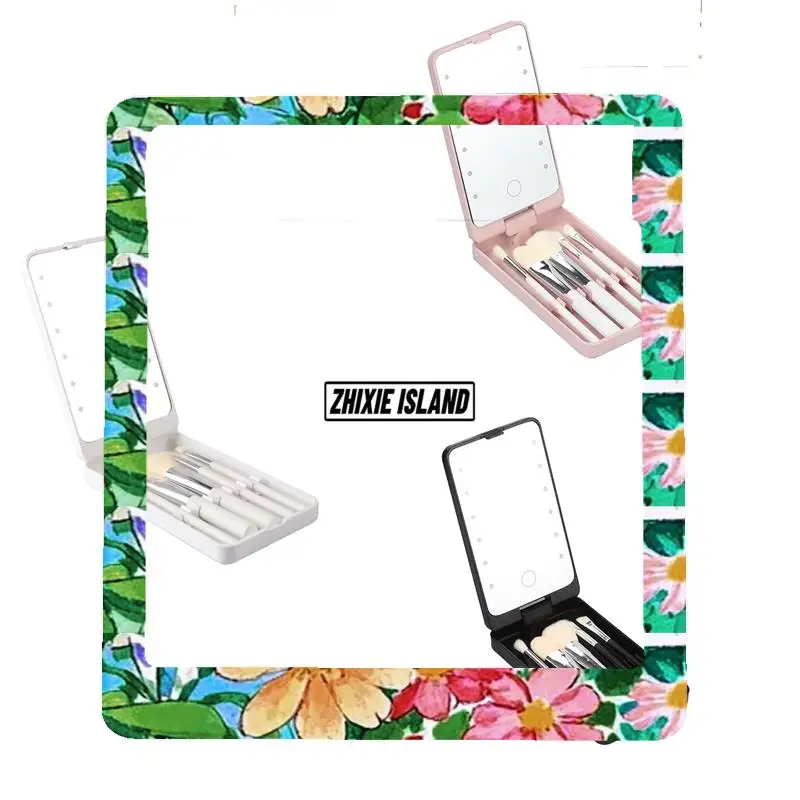 Mirror Portable Folding Mirror With 5 Brushes Storage Box LED Touch Portable One-Face Storage Box Makeup Mirror White