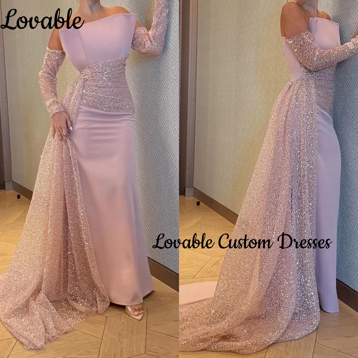 

Birthday Dresses Luxury Customize Column Strapless Dresses For Prom Floor-Length Lace Zipper Up Long Sleeves Dresses For Special