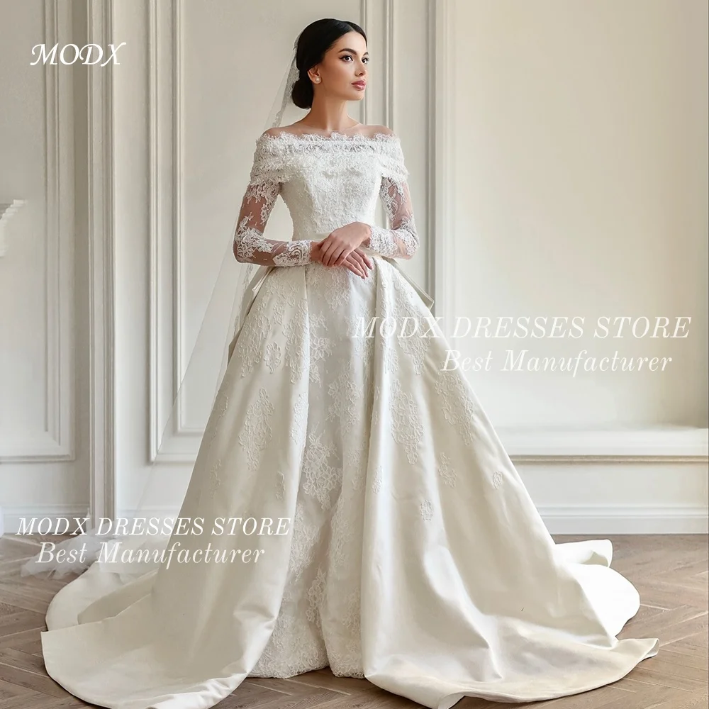 

MODX Роскошное кружевное свадебное платье с длинными рукавами и открытыми плечами, свадебное платье длиной до пола, индивидуальное платье Vestidos Novias Boda для женщин