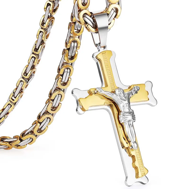 Edelstahl Kruzifix Jesus Byzantinische Gliederkette Halskette Fischgrätenmuster Kreuz Anhänger Halskette Katholischer Schmuck Männer Geschenk – Detail 2