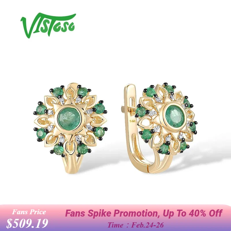 

VISTOSO Genuine 14K 585 Yellow Gold Earrings For Women Sparkling Emerald And Diamond Daily Round Shape Handmade Fine Jewelry