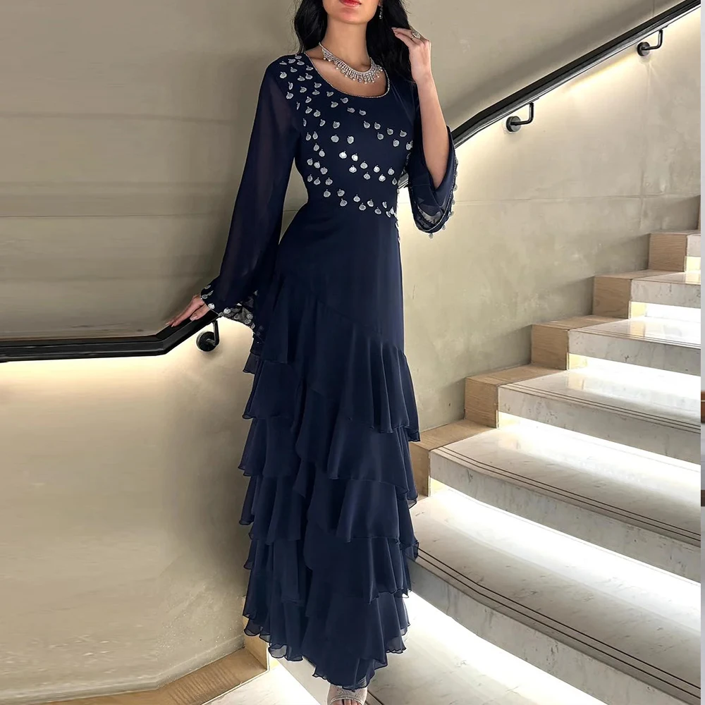 Abito da sera moderno personalizzato per feste formali Una linea di abiti lunghi in chiffon con scollo rotondo Abiti da cocktail a strati 2026