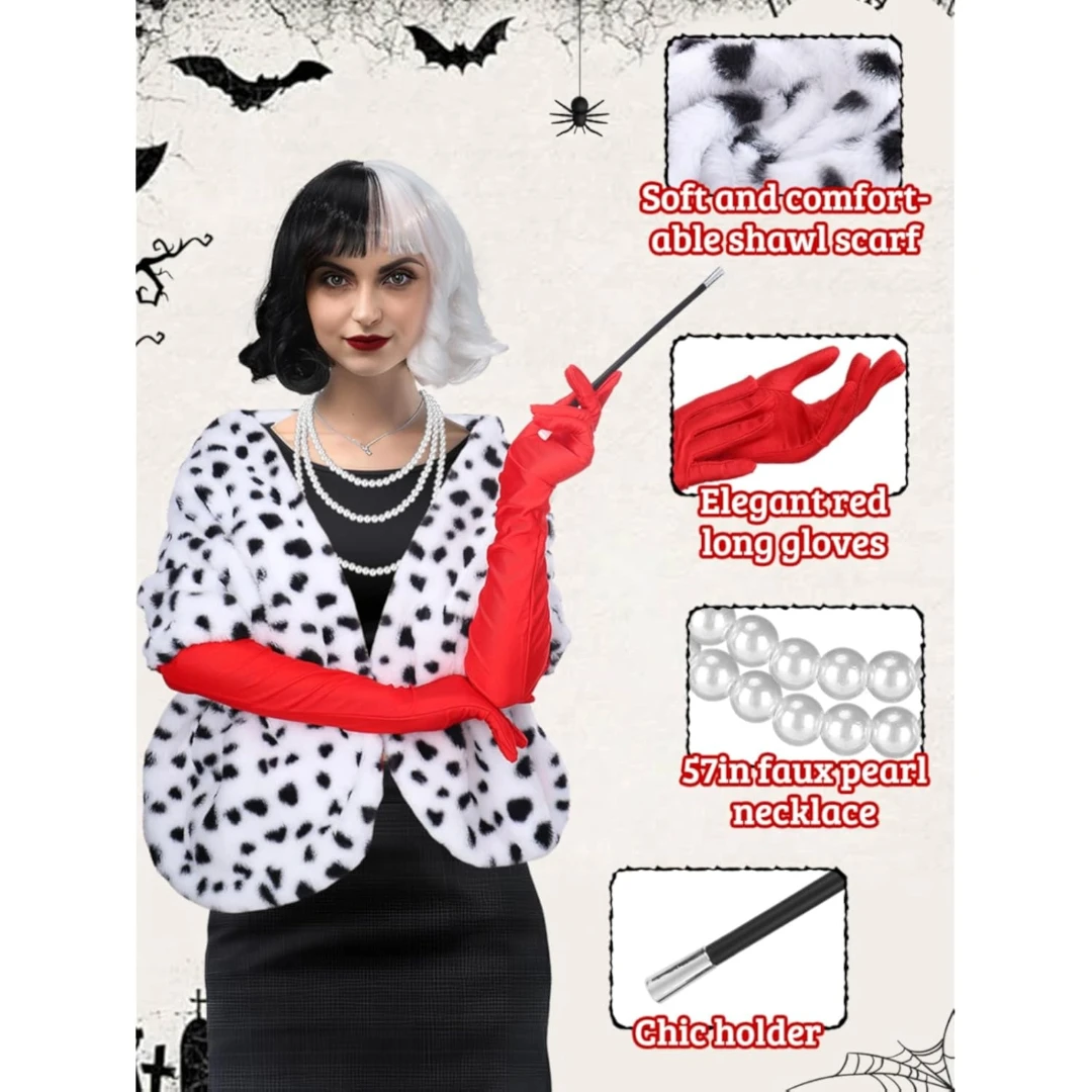 Halloween Costumes for Women - Black and White Wig with Shawl Scarf, Red Gloves, Faux Pearl Necklace, Long Holder, and Wig Cap
