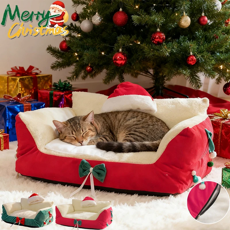 

2026 Newest Christmas Festive Cat Nest Plush Soft Washable Kennel Puppy Puppy Sofa Bed for Small Medium Animal Домик Для Кошки