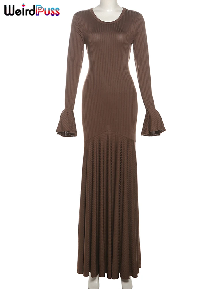 Vestido elegante acanalado con diseño de gato extraño para mujer, cuello redondo, manga acampanada lisa, dobladillo con volantes y cordones, tendencia urbana, ceñido largo clásico elástico