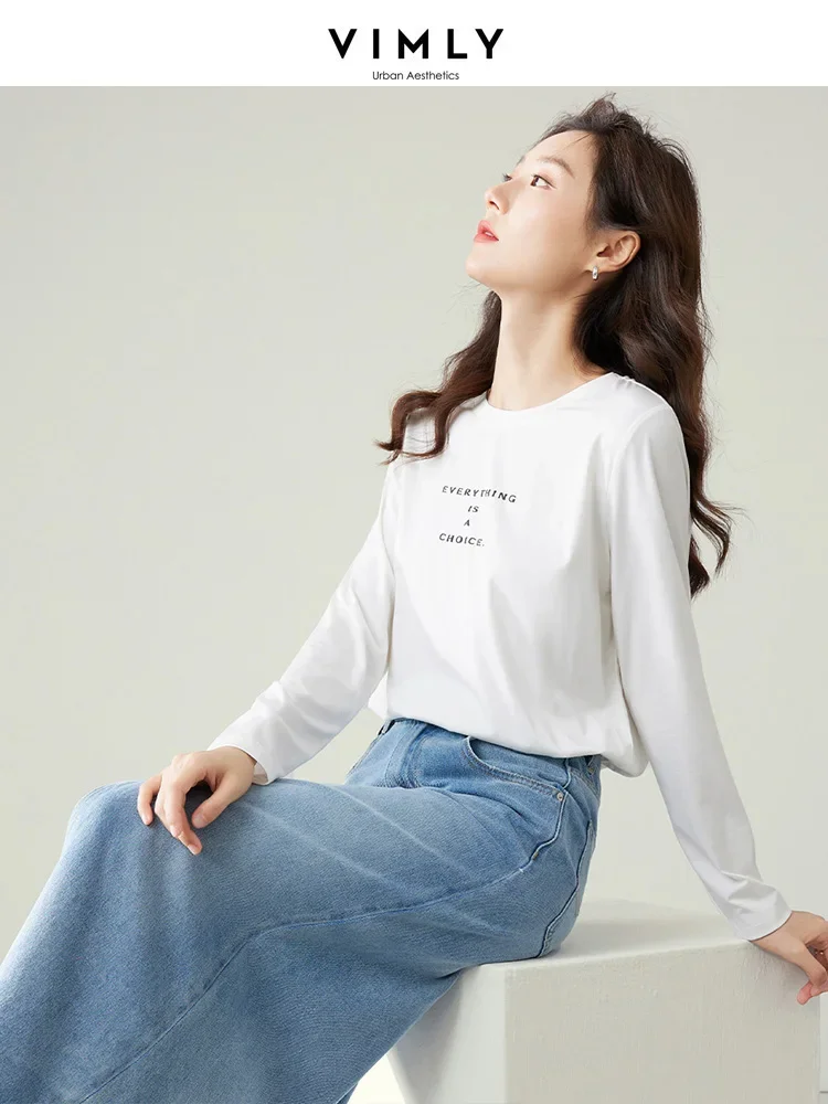 Vimly Basic Women's T-shirt 2023 Autumn Simple Letters Long Sleeve Tops Casual Loose Fit Round Neck Pullovers White Base Tees