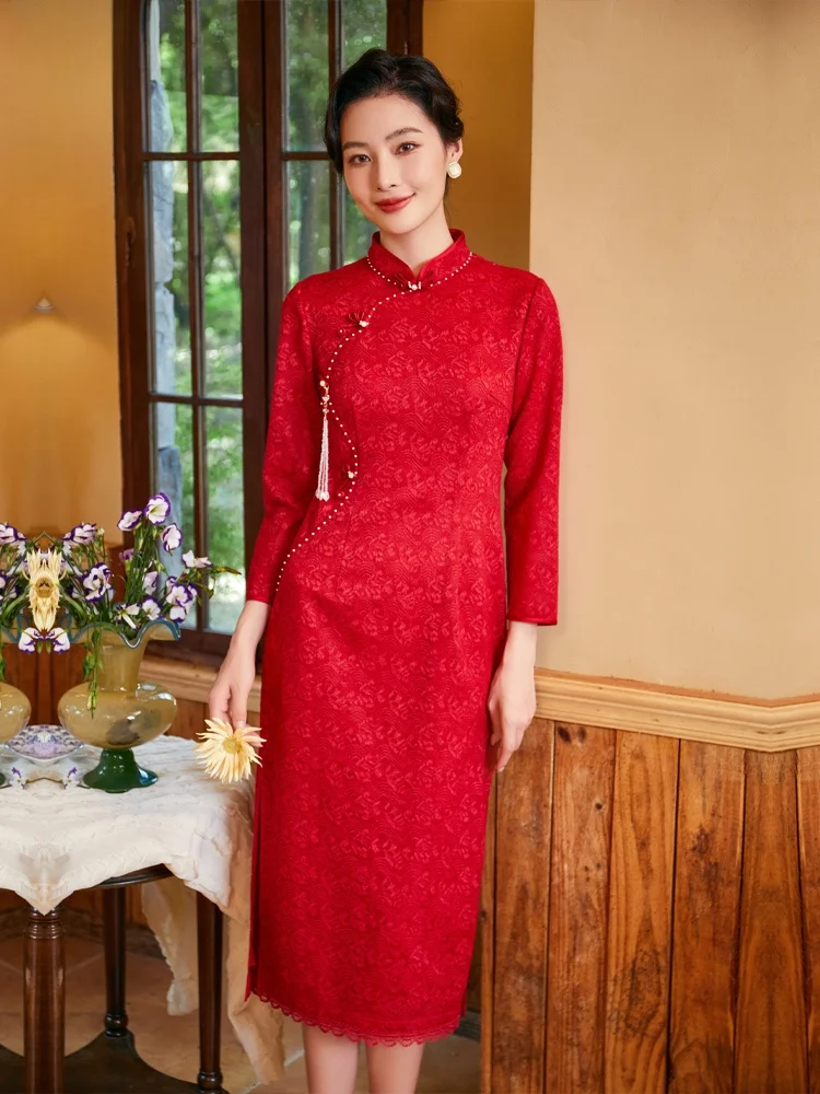 

Red Lace Long Sve Fitted Improved Chinese Sle Autumn New Arrival Obdurate Women's Faion Retro Wind Pure Color