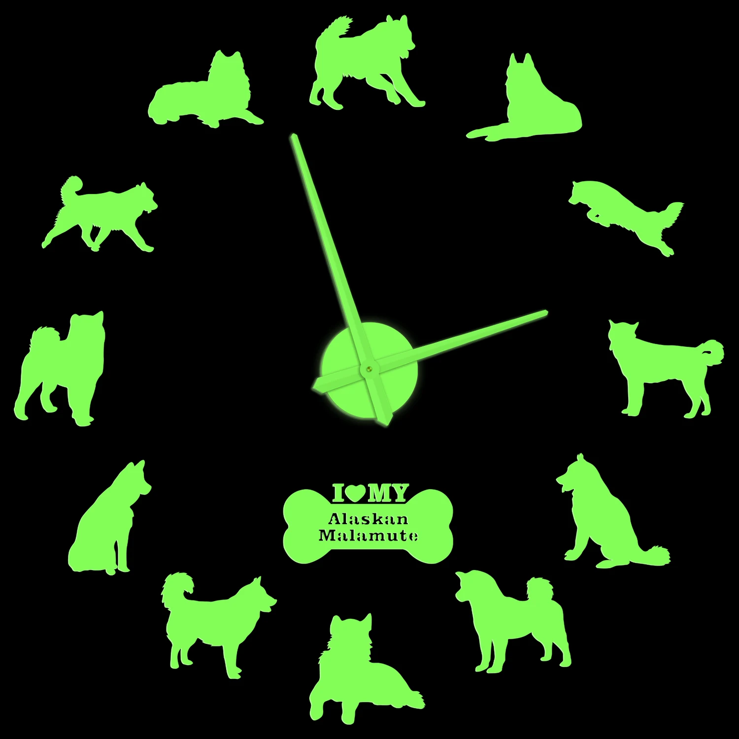 

Alaskan Malamute Dog Glowing Wall Clock With Long Hands Mally Puppy Postures Frameless Self Adhesive DIY Stickers Large Watch