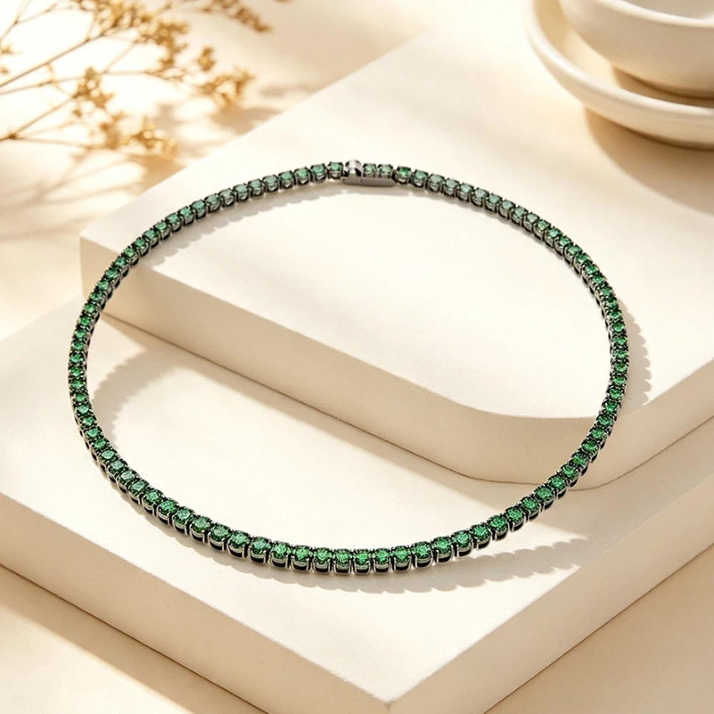 Black Spear Ancestral Green Full Diamond Round Green Zircon Light Luxury Versatile Rectangular Color Treasure Splicing Necklace