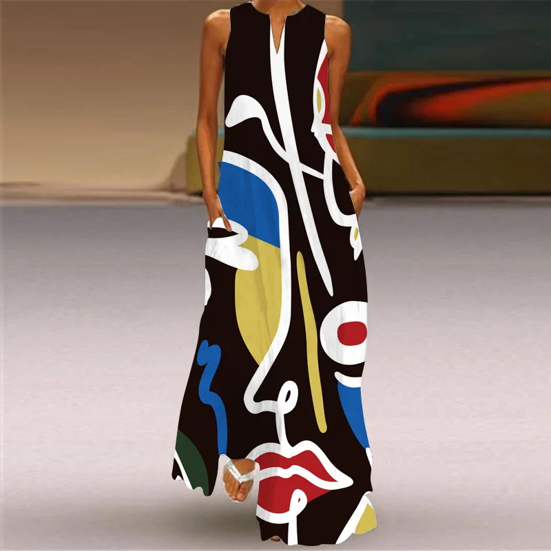 

Fashionable Long Dresses For Women 2024 New Summer Women's Sleeveless V-neck Face Print Sexy Big Swing Maxi Dress robe femme été