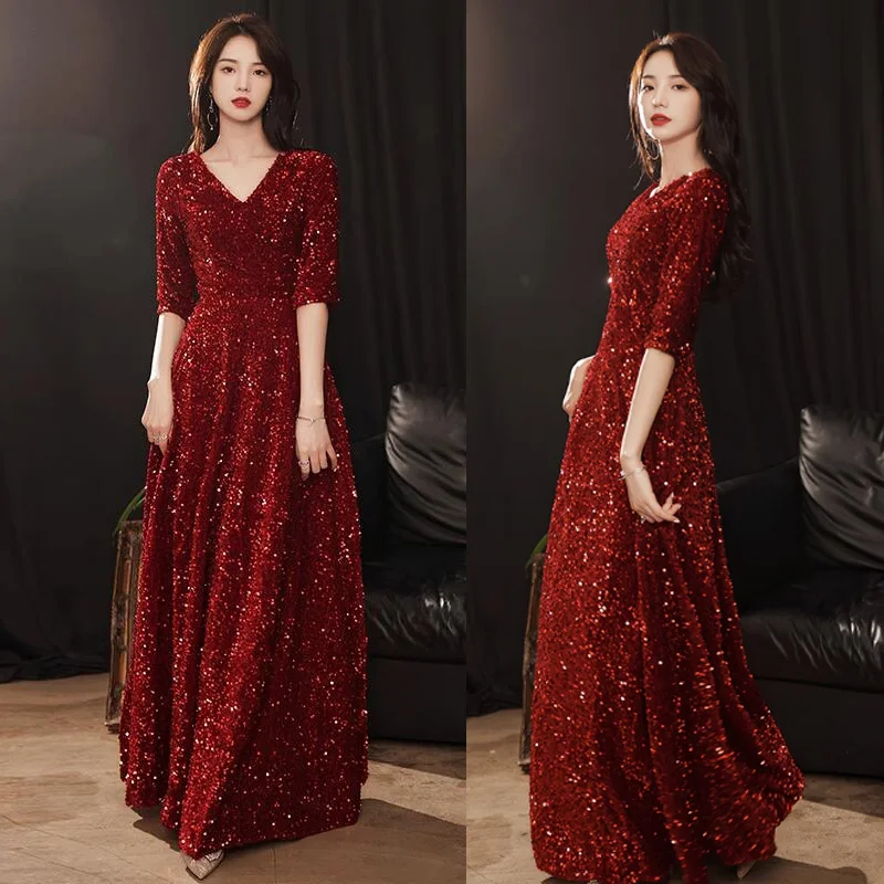 

It's Yiiya Burgundy Sequins Floor-Length V-Neck Zipper Back Half Sleeve Pleat A-Line Simple Formal Dress Dress Woman Party A2885