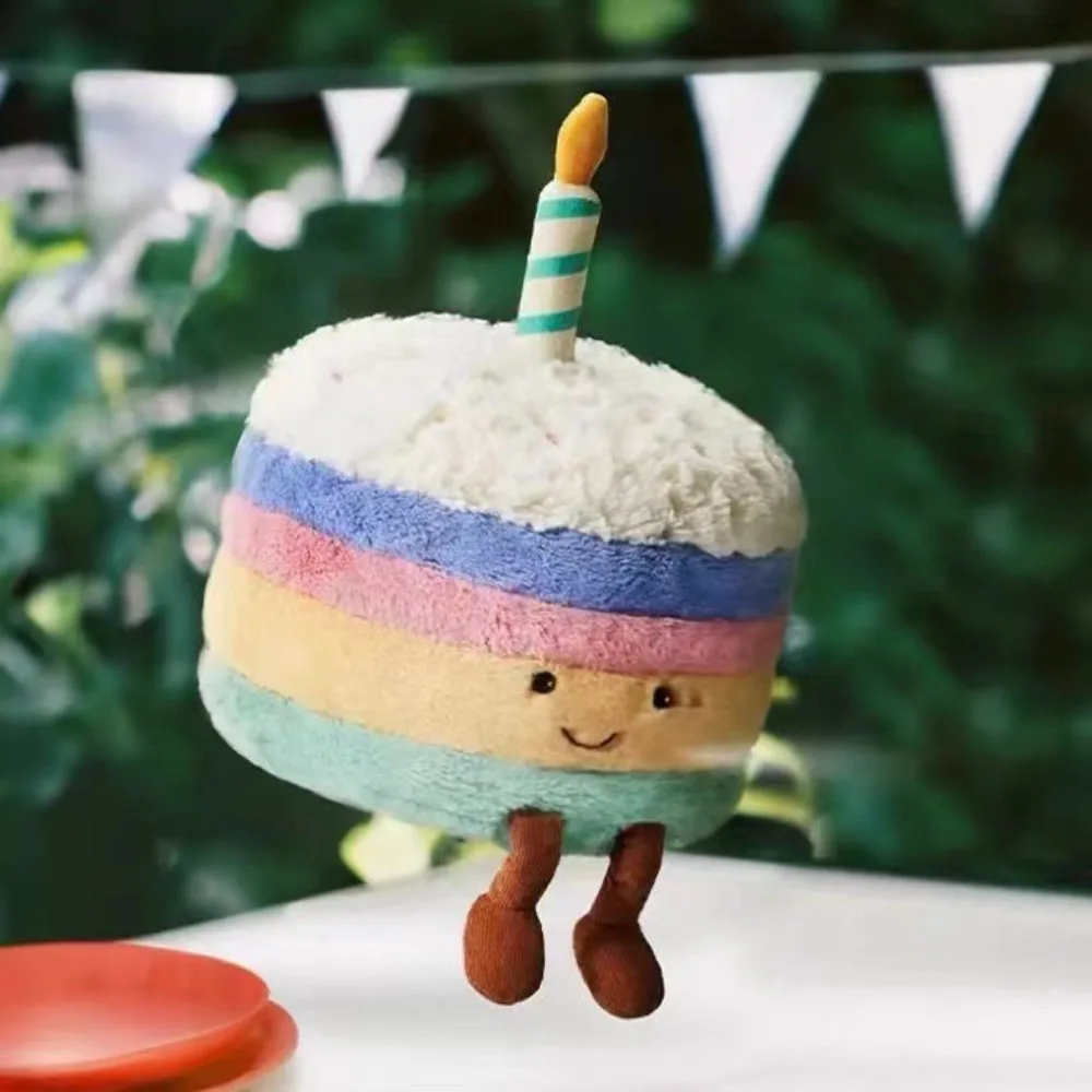 Peluche gâteau d'anniversaire en forme d'arc-en-ciel, jouet mignon en molleton moelleux de dessin animé, cadeau d'anniversaire, 25cm