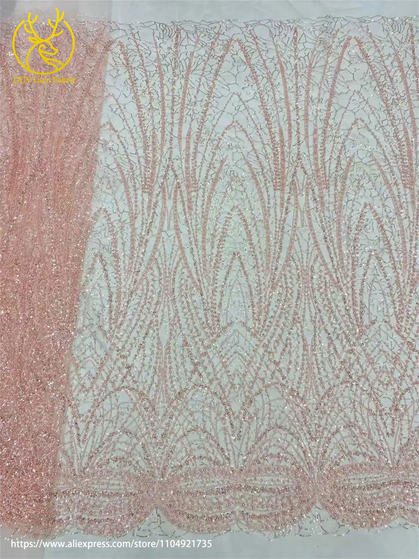 Wunderschöner Modischer Afrikanischer Nigerianischer Perlen-Spitzenstoff 2026 Rosa Französischer Pailletten-Spitzenstoff zum Nähen von Hochzeits- und Partykleidern – Detail 13