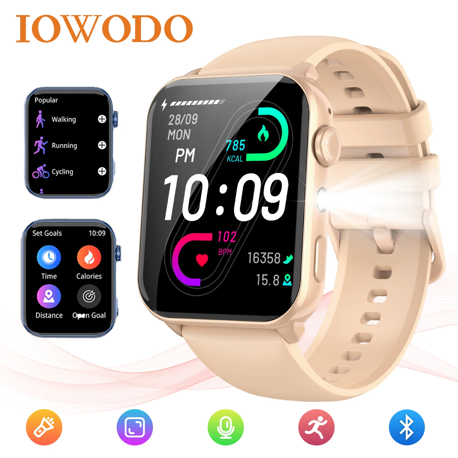 

IOWODO R30 Max Smartwatch with LED Flashlight 1.91'' HD TFT Screen Health Monitoring Bluetooth Call Watches for Men Women Gifts