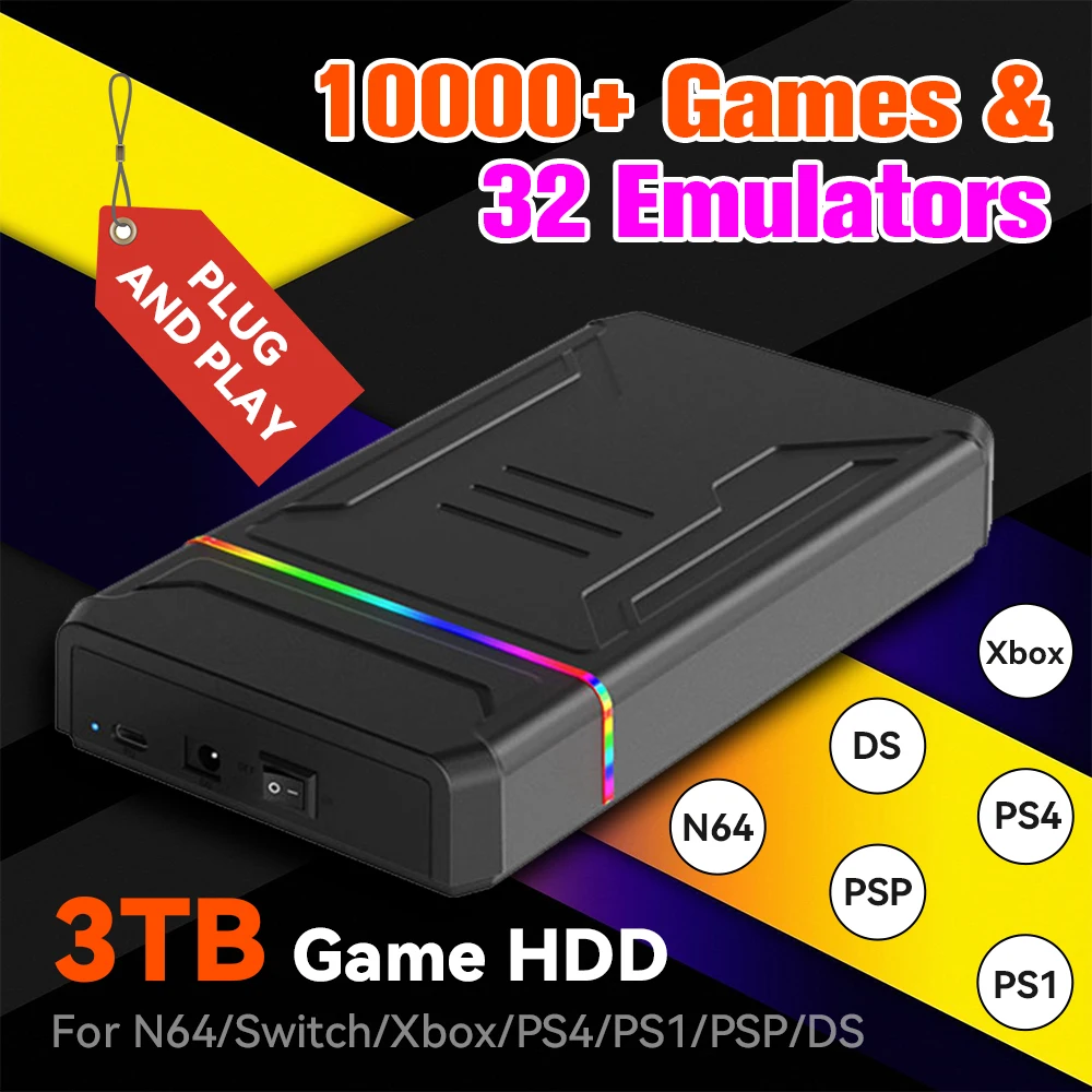 3TB External Retro Game HDD Emulator Game Consoles For N64/Xbox/Switch/PS4/PS1/DS Launchbox Game Hard Drive For Win PC Plug&Play