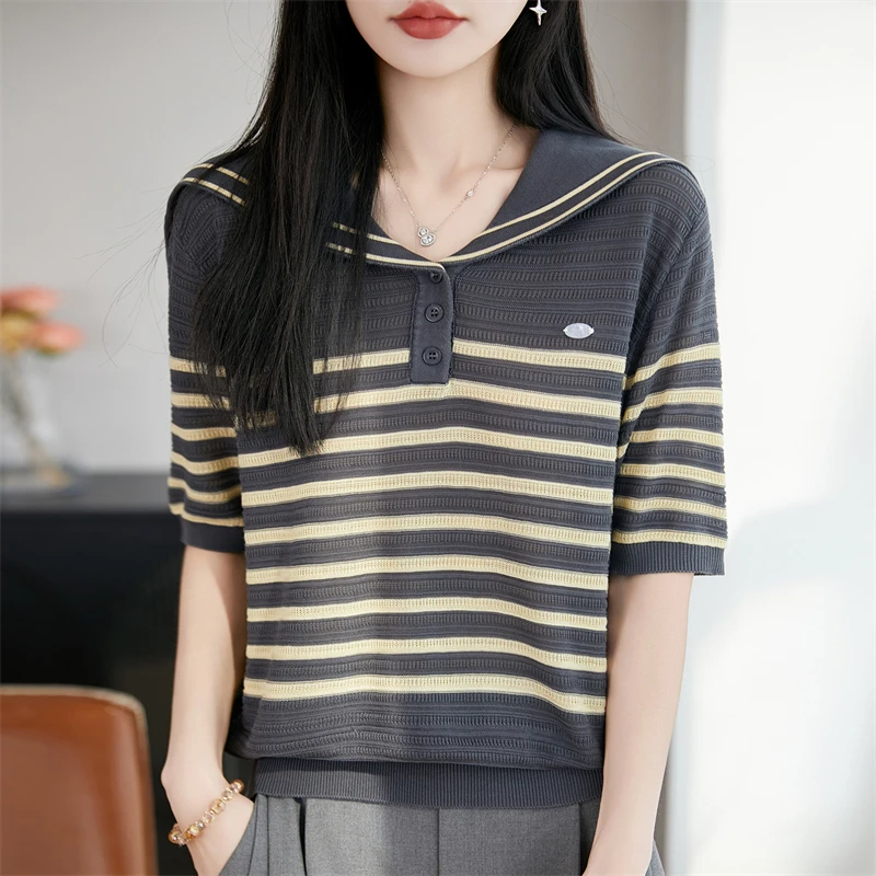 

Новая женская трикотажная футболка с коротким рукавом и воротником из 100% лиоцелла, в полоску, модный хит продаж, лето 2026