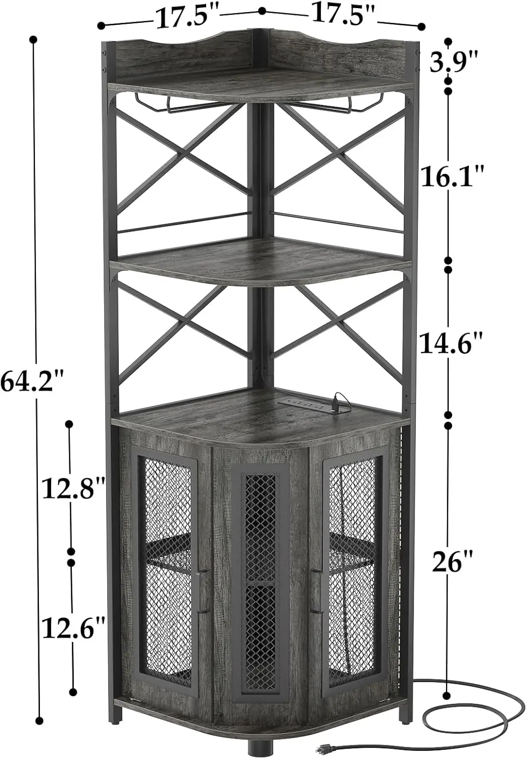 Armoire de bar d'angle avec prise de courant, cave à vin industrielle avec bande LED et porte-verre, meuble de bar français ou à 5 niveaux