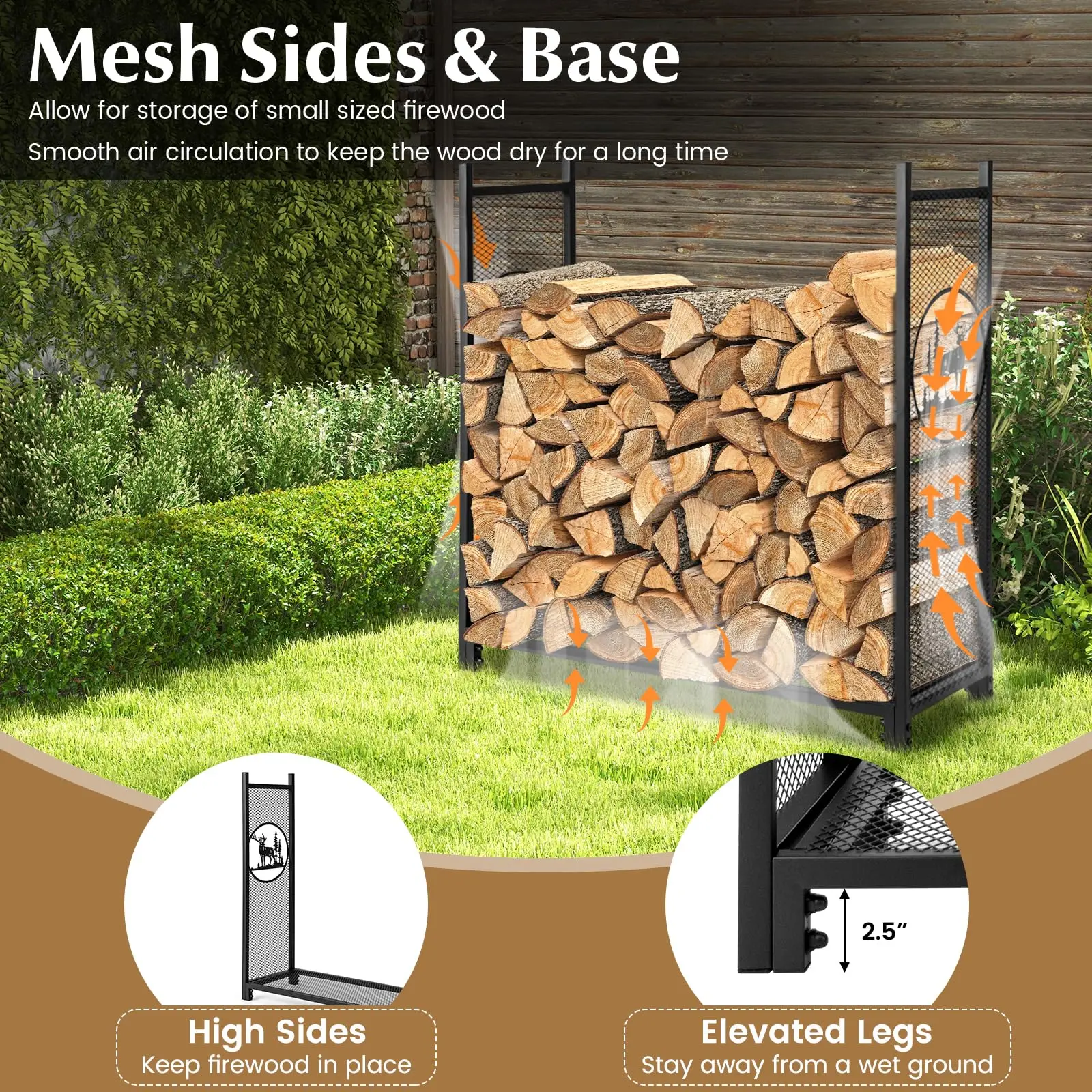 Firewood Rack Outdoor, 4 FT Metal Firewood Holder with Mesh Sides & Base, Decorative Deer Patterns, Indoor Log Storage