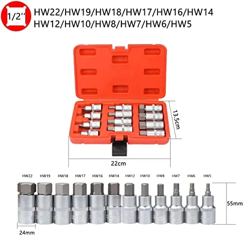 12pcs Allen Key Socket Set, HEX Bit Socket Set 1/2\