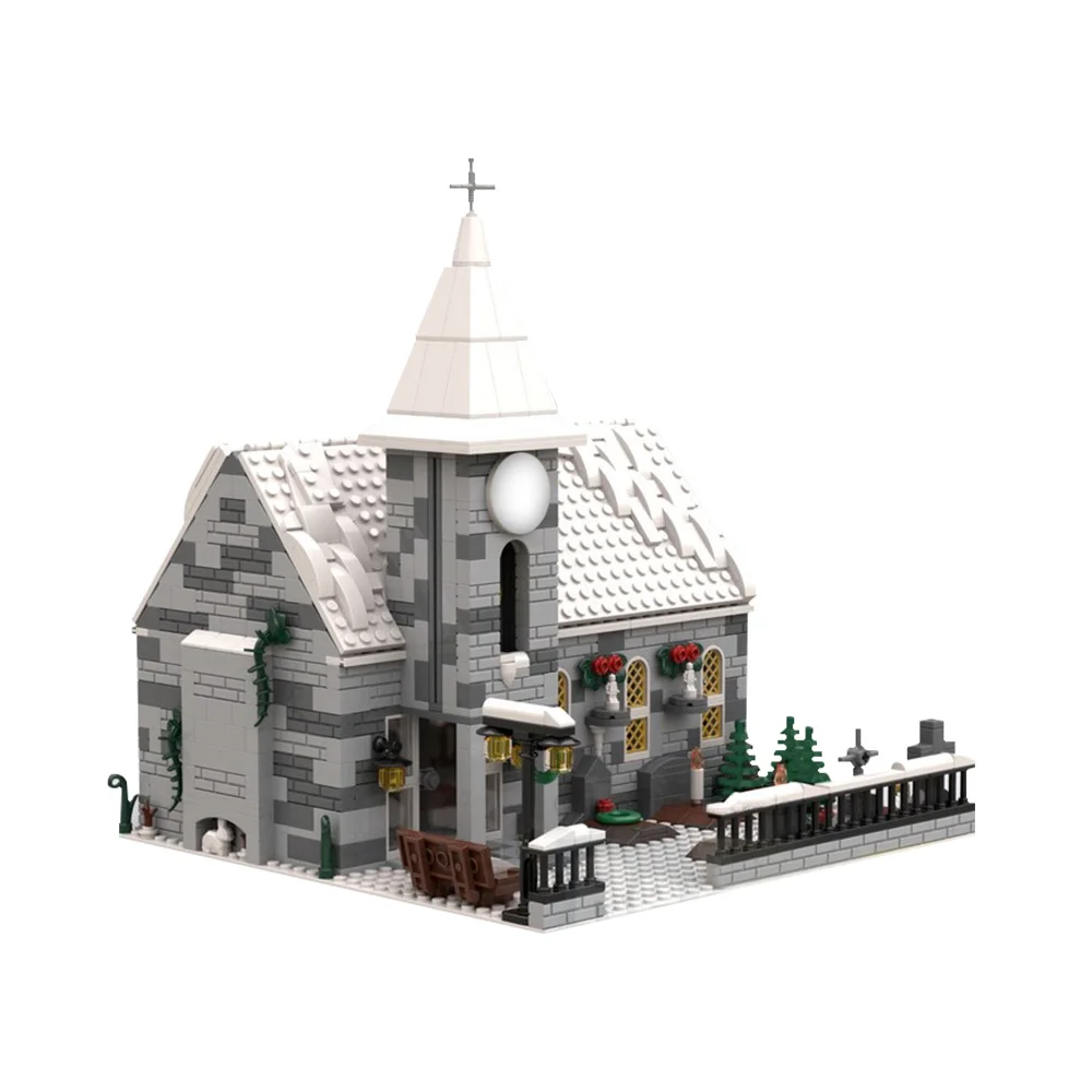 

MOC Winter Village Church Model Building Blocks Jesus Church Bell Tower Snowing House Architecture Brick Toy Christmas Gift