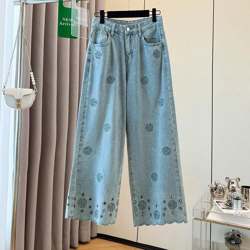 

Blue Embroidered Floral Jeans High Waist Straight Cropped Wide Leg Pants Summer New Washed Rhinestone Hollow out Denim Pants