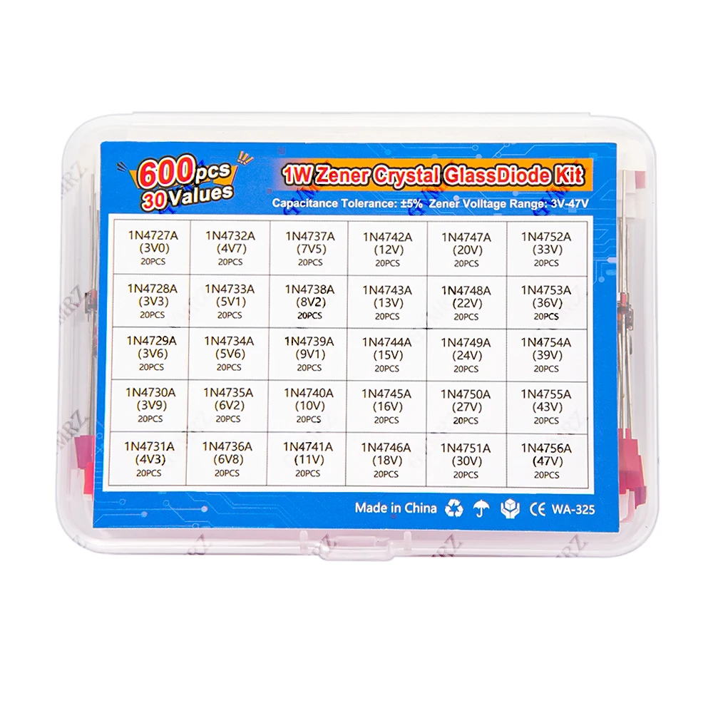 600PCS 30Values 1W Zener Diode Kit 3V-47V Box for Electronics Voltage Regulation Projects 3V 6V 9V 47V