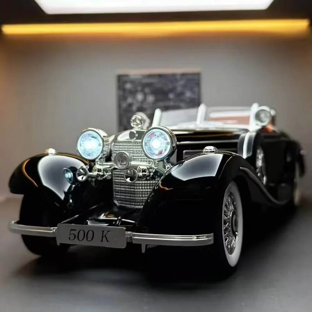 1:18 benz 500k carros de brinquedo liga diecast modelo roda direção em miniatura carro do vintage pneus borracha luz som veículo menino presentes natal