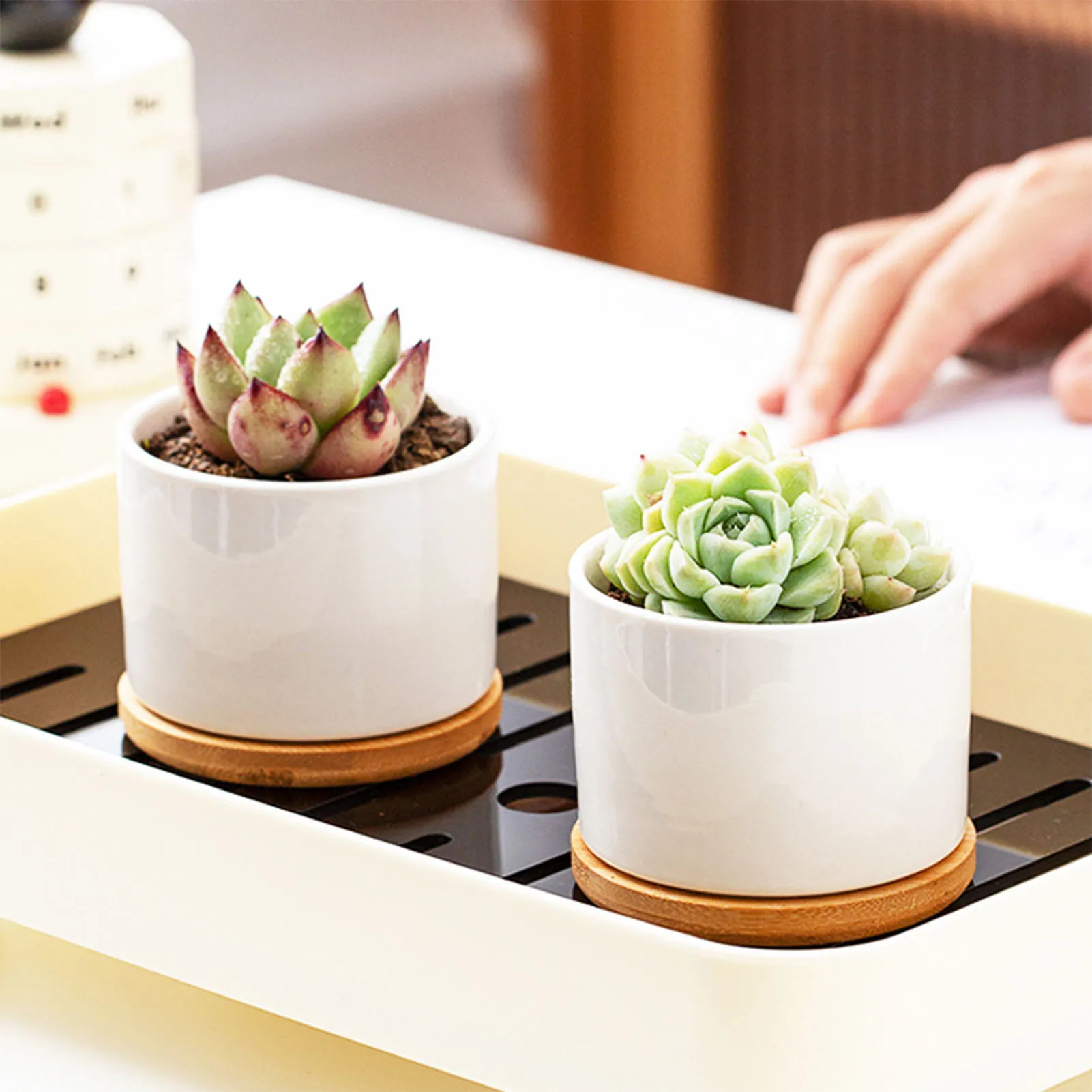 Ceramic Planter Pot with Bamboo Tray Succulent Plant Round Desktop Pot Small Bonsai Pots Green Planters Creative Flowerpots