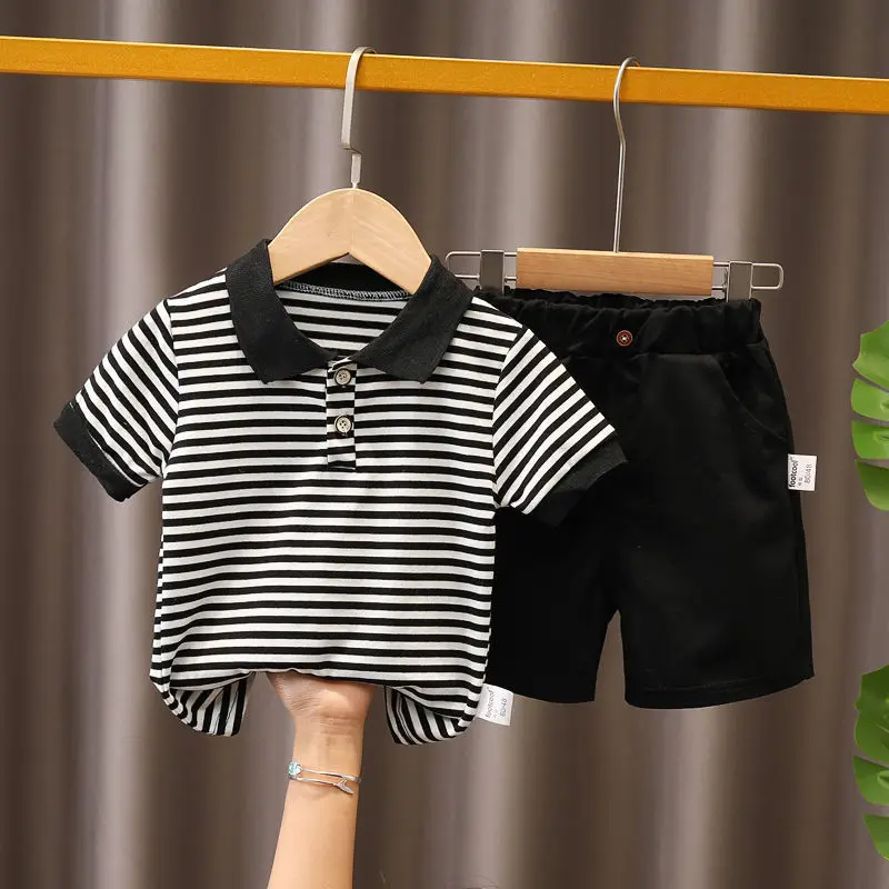 2024 Boys Summer Sets Children Lapel Striped Top Solid Colour Trousers Two-Piece New Baby Fashion Casual Suit 12M-5 Years Old