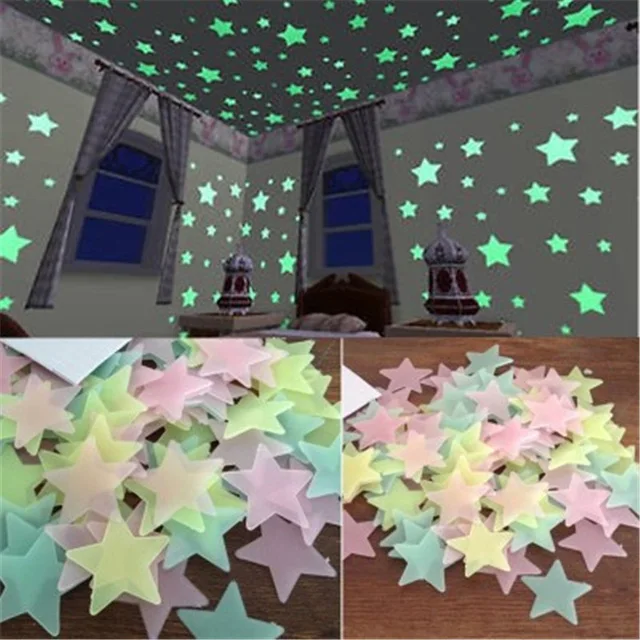 100pcs Glow-in-the-Dark Star Wall Stickers 3D Stars Glow In Dark Luminous Fluorescent Sticker Art Decor for Kids' Rooms