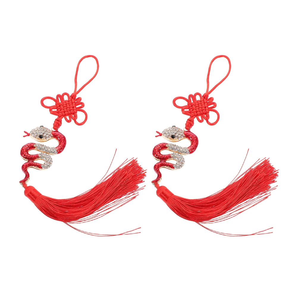 

2pcs Year Of The Snake Car Tassel Ornament Chinese Style Hanging Pendant Rhinestone Decor For Rearview Mirror Alloy