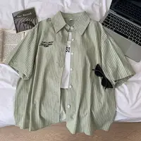 Ropa de mujer estilo coreano camisa de rayas verdes de manga corta inspiración japonesa suelta ajuste verano Casual Top moda
