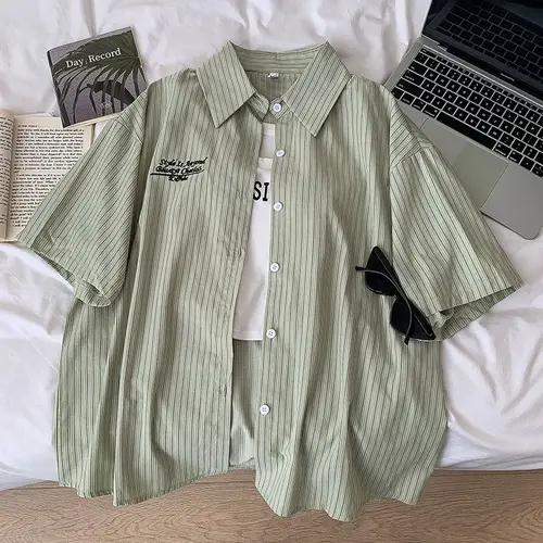 Imagen 1 del producto Ropa de mujer estilo coreano camisa de rayas verdes de manga corta inspiración japonesa suelta ajuste verano Casual Top moda